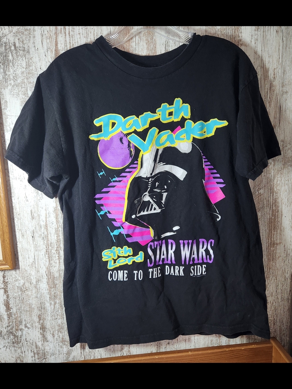 Star Wars Black Tee with Neon Yellow, Teal & Purple Darth Vader Graphic Sz Small
